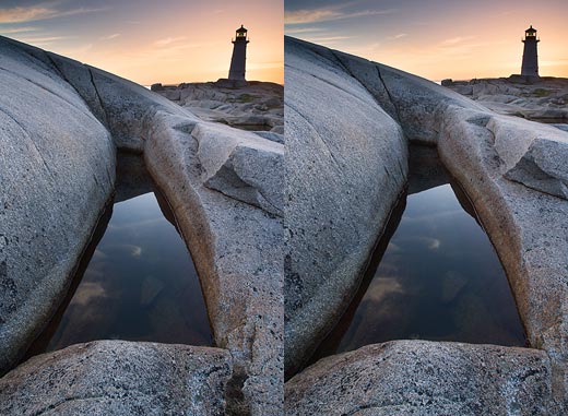 Note how the lighthouse is straight in the shot at right due to the shift correction on a tilt shift lens