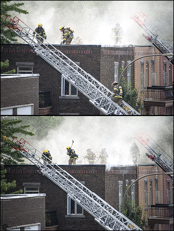 Both these images were taken within the same minute. The bottom image however, tells a stronger story due to the dramatic gesture of the axe in the air. 