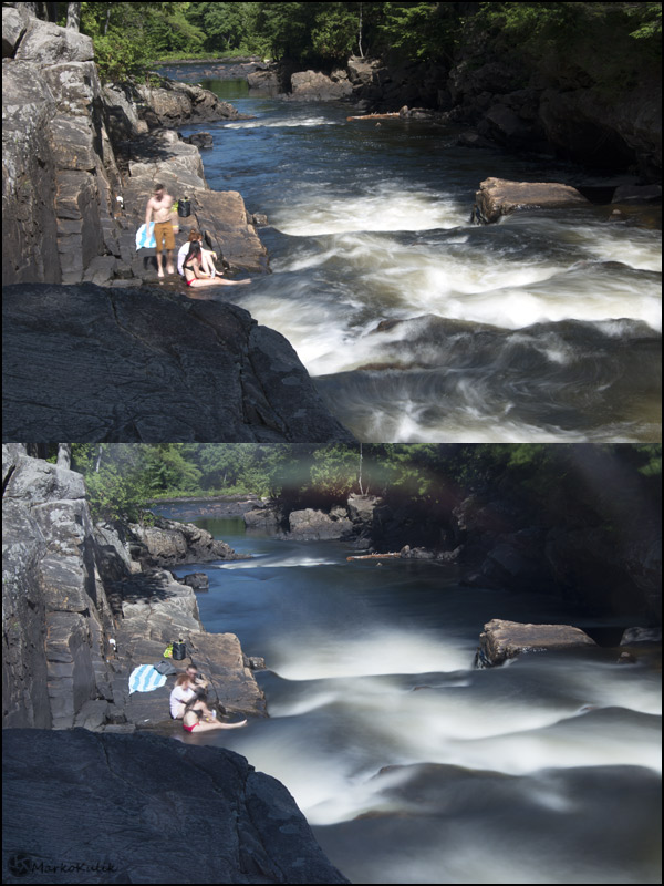 Fast moving water at Chutes Dorwin in Rawdon, QC. Canada. In the top image I used my lowest ISO (50) with my smallest aperture (f/32) and this yielded a shutter speed of .4 seconds. The water does look dreamy. But when I used the big stopper, I was able to get much slower shutter speeds and the lower image was exposed for 15 seconds. It's much dreamier and more ethereal looking. If you look at the top of the bottom image you can see where flare entered my camera. This is easily solved with a hat (or postprocessing).