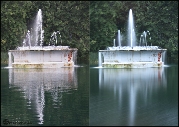 Fountain at Parc Lafontaine in Montreal, QC., Canada - The slowest shutter speed I could get without a filter was 1/60 in this light.  When I put the big stopper on, It extends the available shutter speeds big time. The image on the right was a 15 second exposure using the big stopper and look how dreamy the water looks.