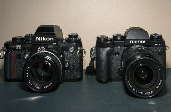 Comparison between the new Fuji XT-1 and the 30ish year old Nikon F3. Hat tip and © Wendy Kennedy for this image.