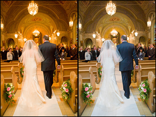 The image at left has a strong yellow/orange cast. We easily see the cast in the brides dress which is white. The cast is removed in the photo on the right and the brides dress is now white. Image by Dominic Fuizzotto