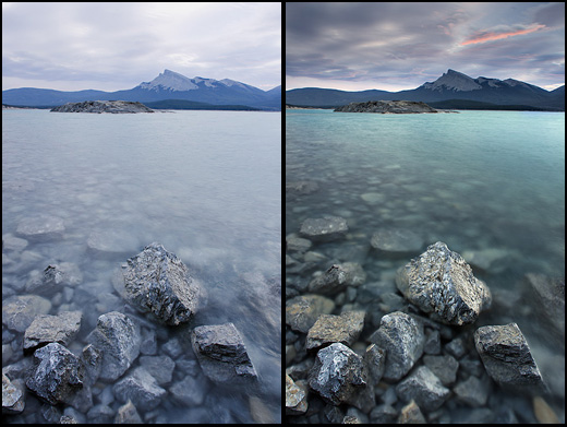 Left - Lake with no filter. Right - Lake with polarizer and-2-stop hard edge grad. Notice how much poppier this shot is. The grad reduces the shyd intensity. The polarizer removes the waters reflections thus saturating its colours.