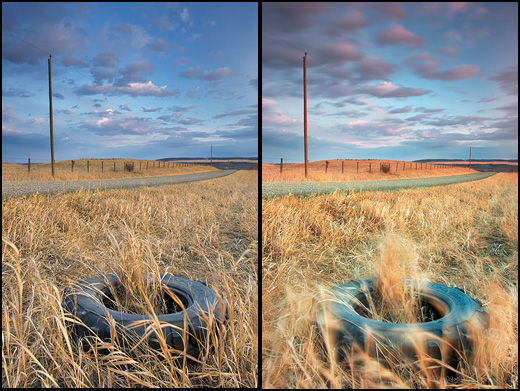 Left - Tire with Polarizer and-2-stop-hard-grad. Right - Tire with Polarizer plus a 2-stop-hard-edge grad and-a 5-stop solid-ND filter. Note the movement of the foreground brush. This was achieved by using the solid ND filter to get a slow shutter speed